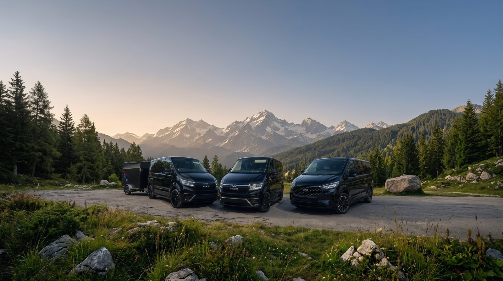 Trois vans VTC noirs Actiff Transport sur une route de montagne dans les Alpes